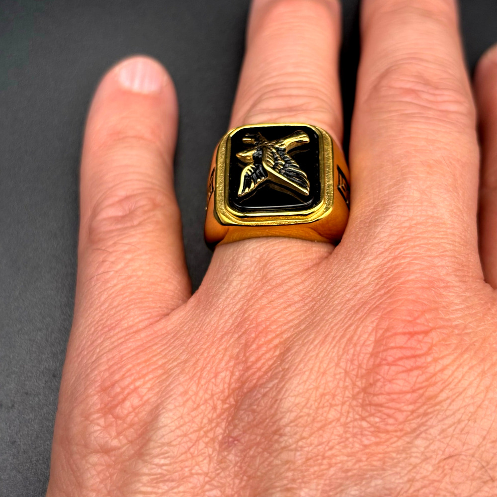 Blackjack BJZ03G Mens Onyx Eagle Ring 18K Gold Plated Stainless Steel NWT SZ#13 - Picture 10 of 16